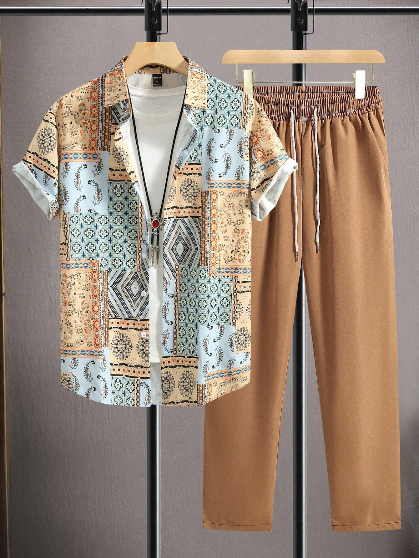 Casual Ethnic Style Short Sleeve Shirt Trousers Suit