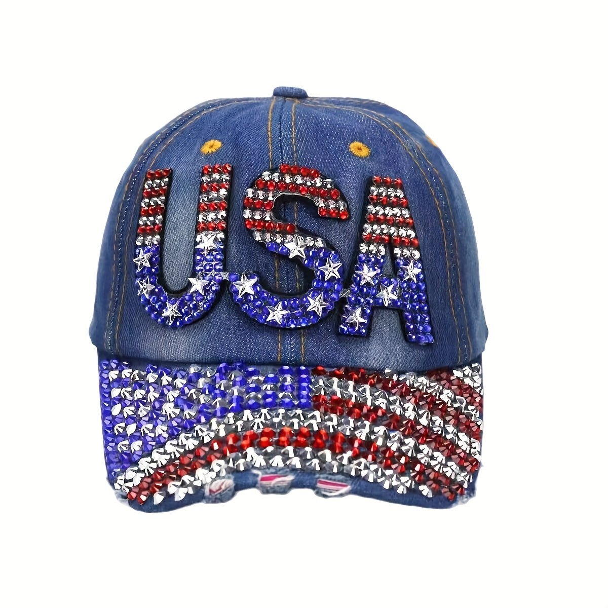 Rhinestone  American Flag Embroidered Denim Baseball Cap, U.S.A. Patriotic Caps For Veteran's Day, July 4th Independence Day, Hats For Men&Women