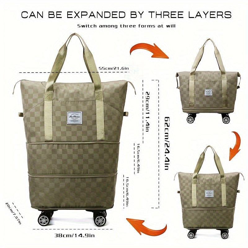 Versatile Expandable Travel Bag with Wheels - Large Capacity, Foldable Nylon Luggage in Checkered Design, Dry/Wet Separation, Fits Trolley Cases, with Adjustable Straps for Sports, Fitness & Moving - Available in Multiple Col