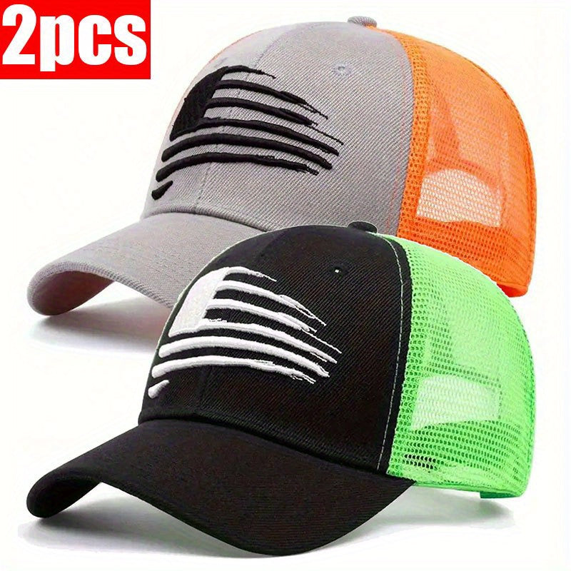 2pcs Patriotic American Flag Embroidered Baseball Caps - Breathable, Adjustable Trucker Hats for Outdoor Activities, Golf, Fishing & Travel, American Flag Hat