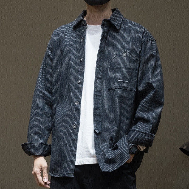 Japanese Style Stripe Denim Men's Long Sleeve Shirt