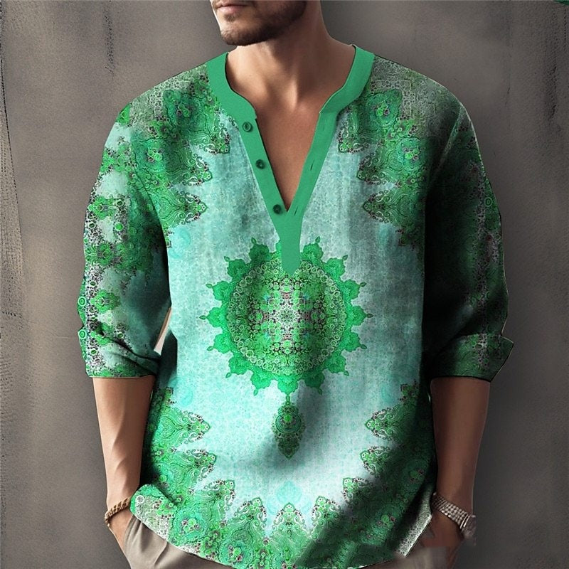 Printed Casual V-neck Men's Loose Jacquard Sweater Long Sleeve