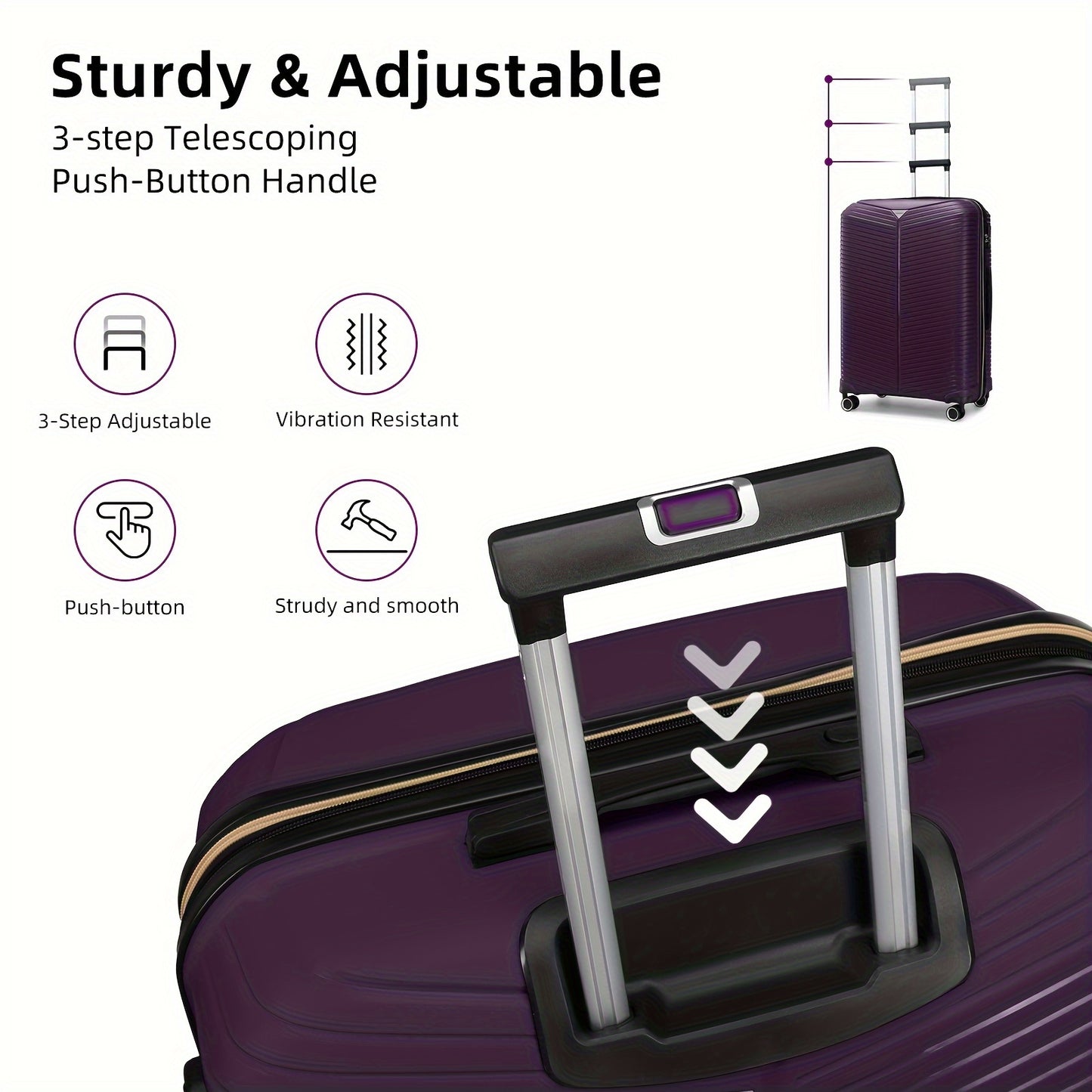 5-Piece Expandable PP Luggage Set - Durable Spinner Suitcases with TSA-Approved Combination Lock, Aluminum Alloy Handle, and Hard Shell - Perfect for Women Travelers and Carry-On Needs