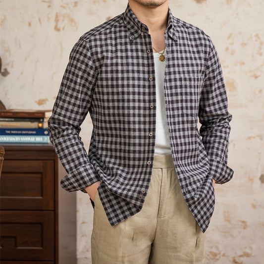 Cotton And Linen Plaid Vintage Long Sleeve Shirt