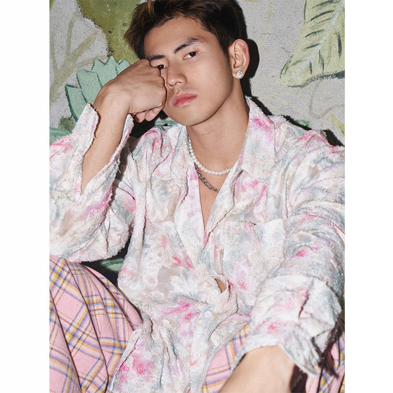 Spring And Summer American Three-dimensional Floral Shirt Niche Design Floral Long Sleeve Shirt