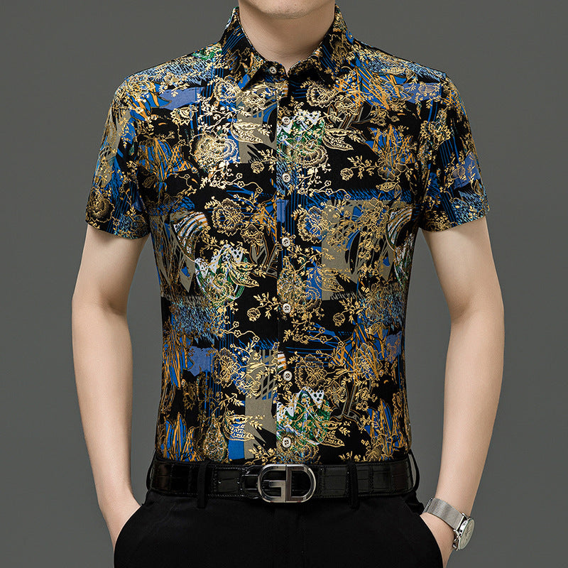 Summer Men's Middle-aged Printed Shirt Short Sleeve Stretch Ice Silk Leisure
