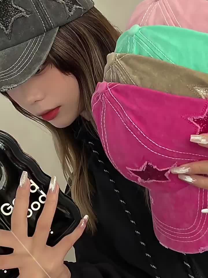 2pcs Women's Distressed Denim Baseball Caps with Ponytail Hole - Navy Blue & Black, Reflective Star Design, Breathable Polyester, Adjustable Fit for All-Season Style