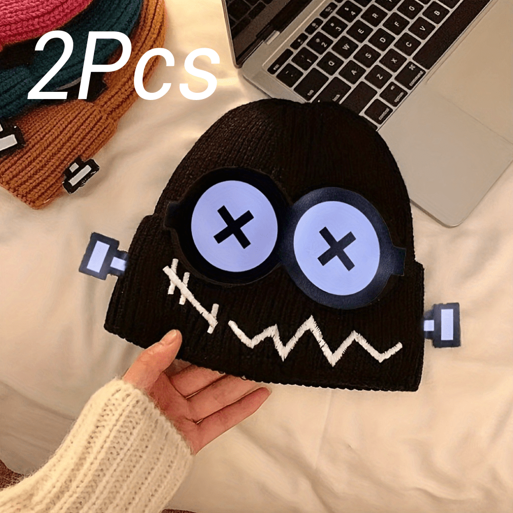 2pcs Cartoon Robot Knit Beanie Hats, Elastic Polyester Hair Caps with Ear Warmer, Hand Washable, Quirky & Playful Design for Daily Wear, Casual Headwear|Quirky Fashion|Elastic Knit Hats
