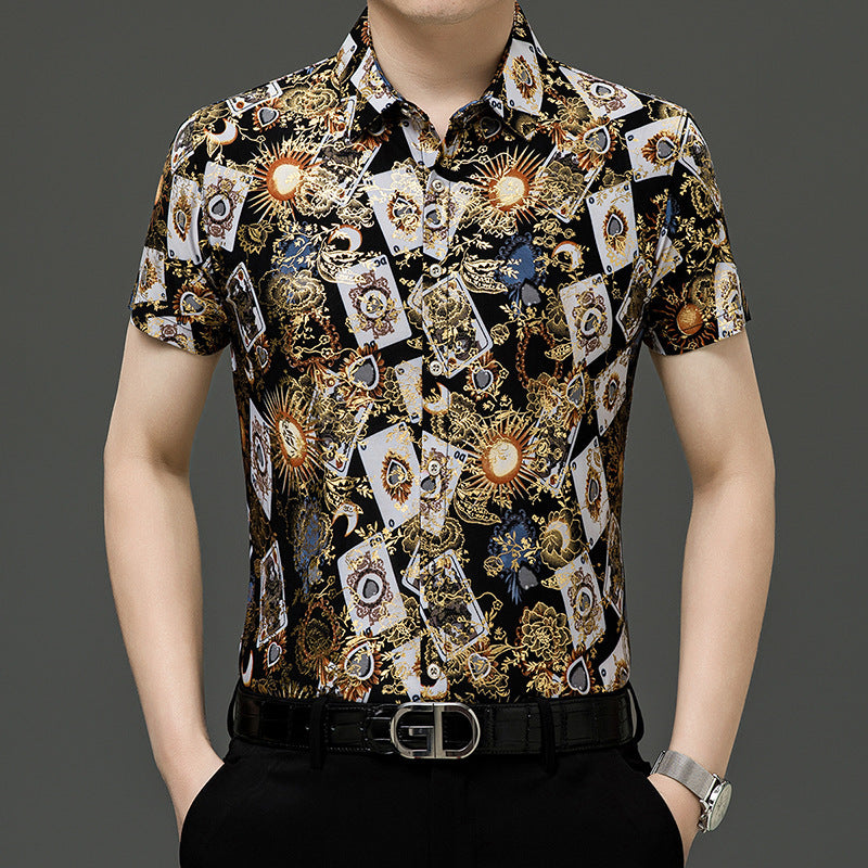 Summer Men's Middle-aged Printed Shirt Short Sleeve Stretch Ice Silk Leisure