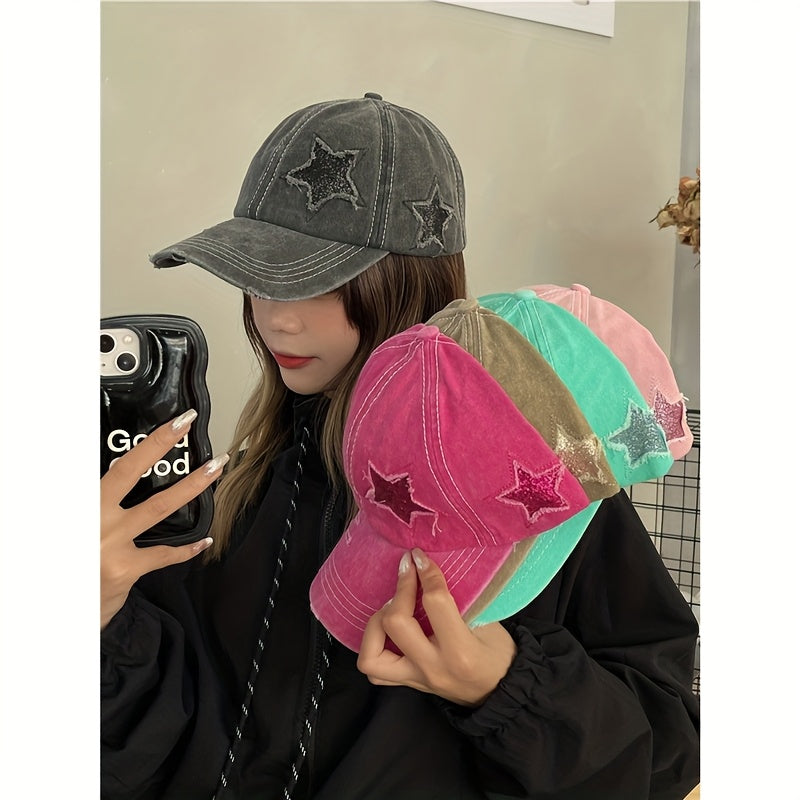 2pcs Women's Distressed Denim Baseball Caps with Ponytail Hole - Navy Blue & Black, Reflective Star Design, Breathable Polyester, Adjustable Fit for All-Season Style