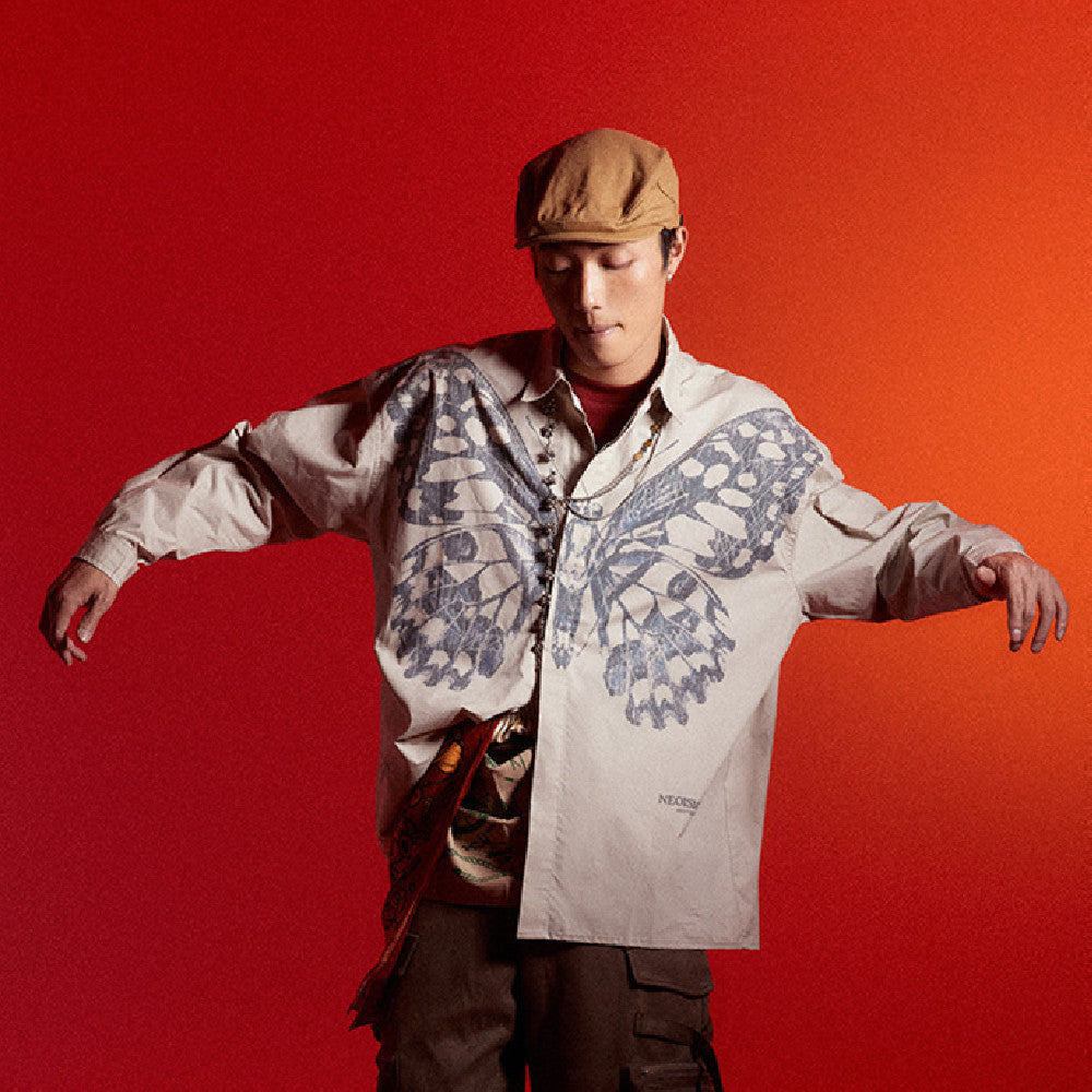 Butterfly Print Workwear Shirt Men's Casual Loose Long Sleeve