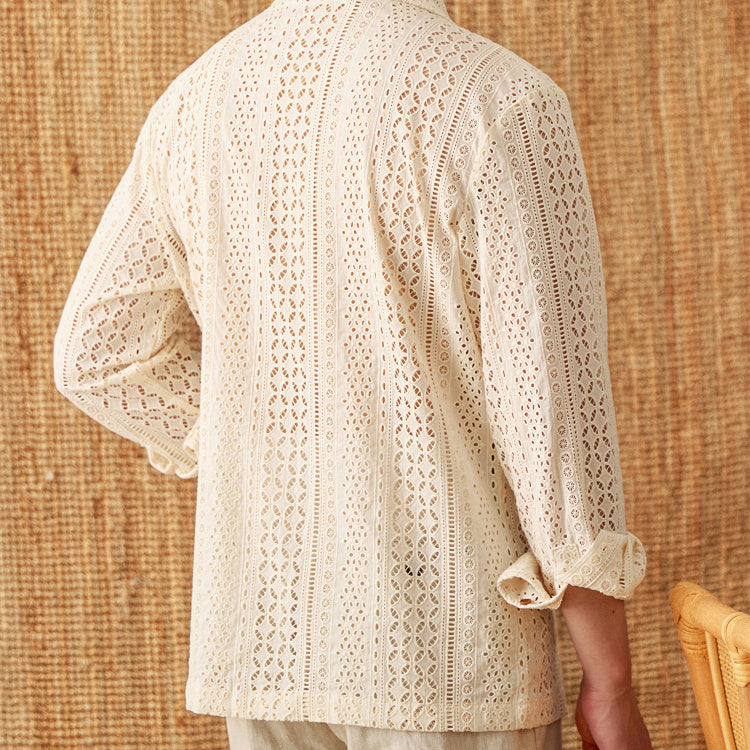 Cotton Hollow Cuban Collar Long Sleeve Shirt