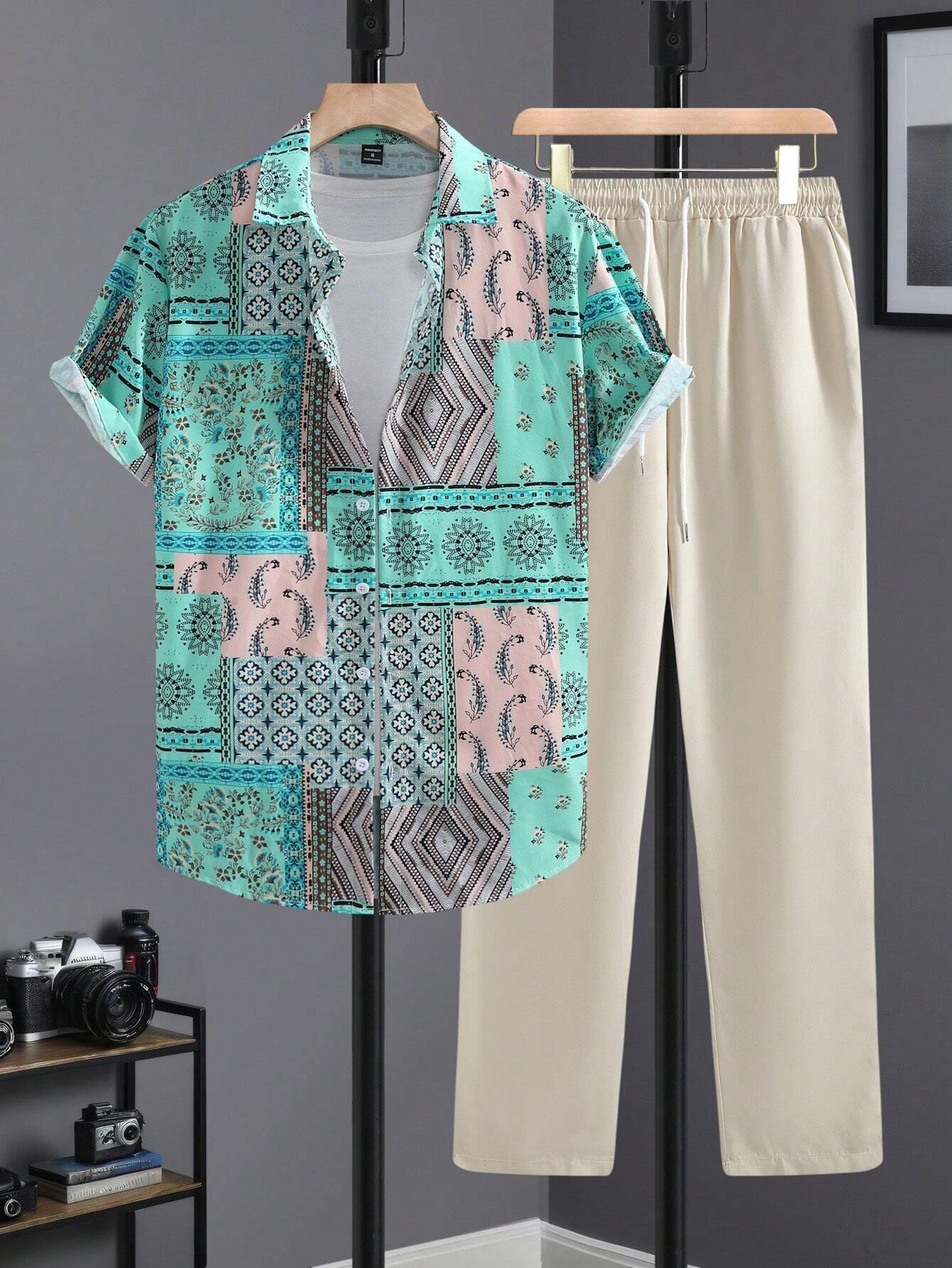Casual Ethnic Style Short Sleeve Shirt Trousers Suit