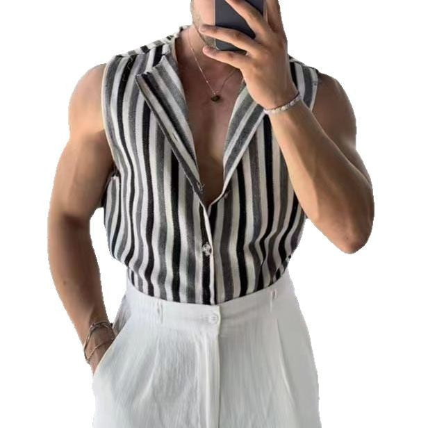 Men's Black And Gray Striped Sleeveless Lapel Shirt