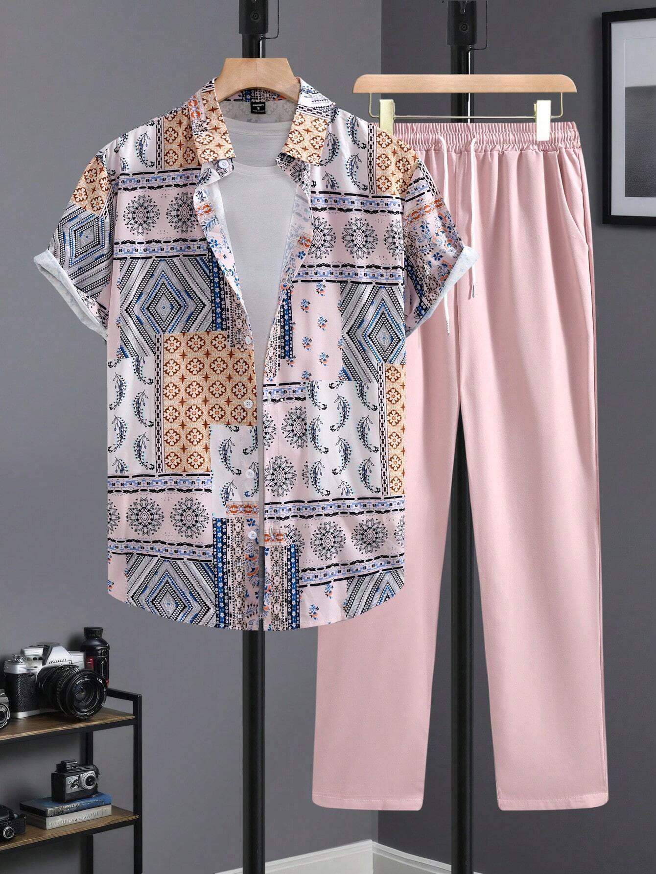 Casual Ethnic Style Short Sleeve Shirt Trousers Suit