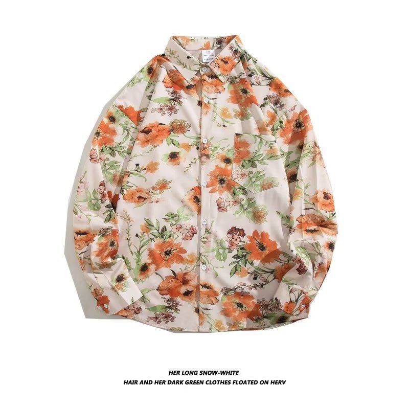 Men's Loose Hong Kong Style Retro Long Sleeve Printed Shirt