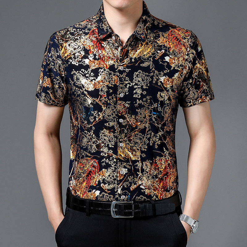 Summer Men's Middle-aged Printed Shirt Short Sleeve Stretch Ice Silk Leisure