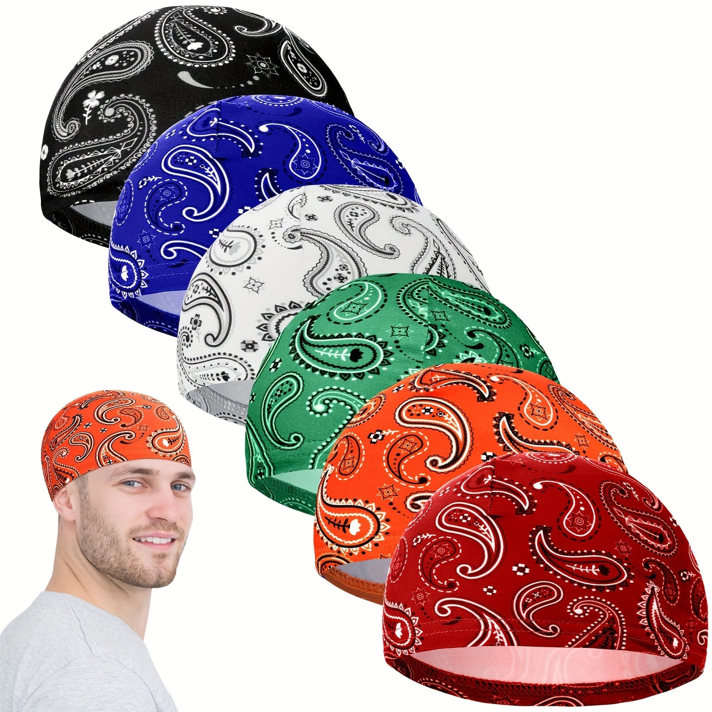 [Cooling Skull Caps] 6pcs Sweat-Wicking Men's Cooling Skull Caps - Paisley Pattern, Breathable Beanie Helmet Liners for Cycling & Running, Multicolor
