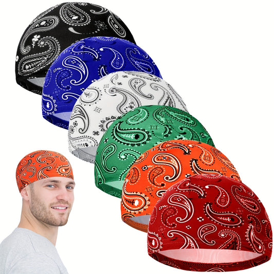 [Cooling Skull Caps] 6pcs Sweat-Wicking Men's Cooling Skull Caps - Paisley Pattern, Breathable Beanie Helmet Liners for Cycling & Running, Multicolor