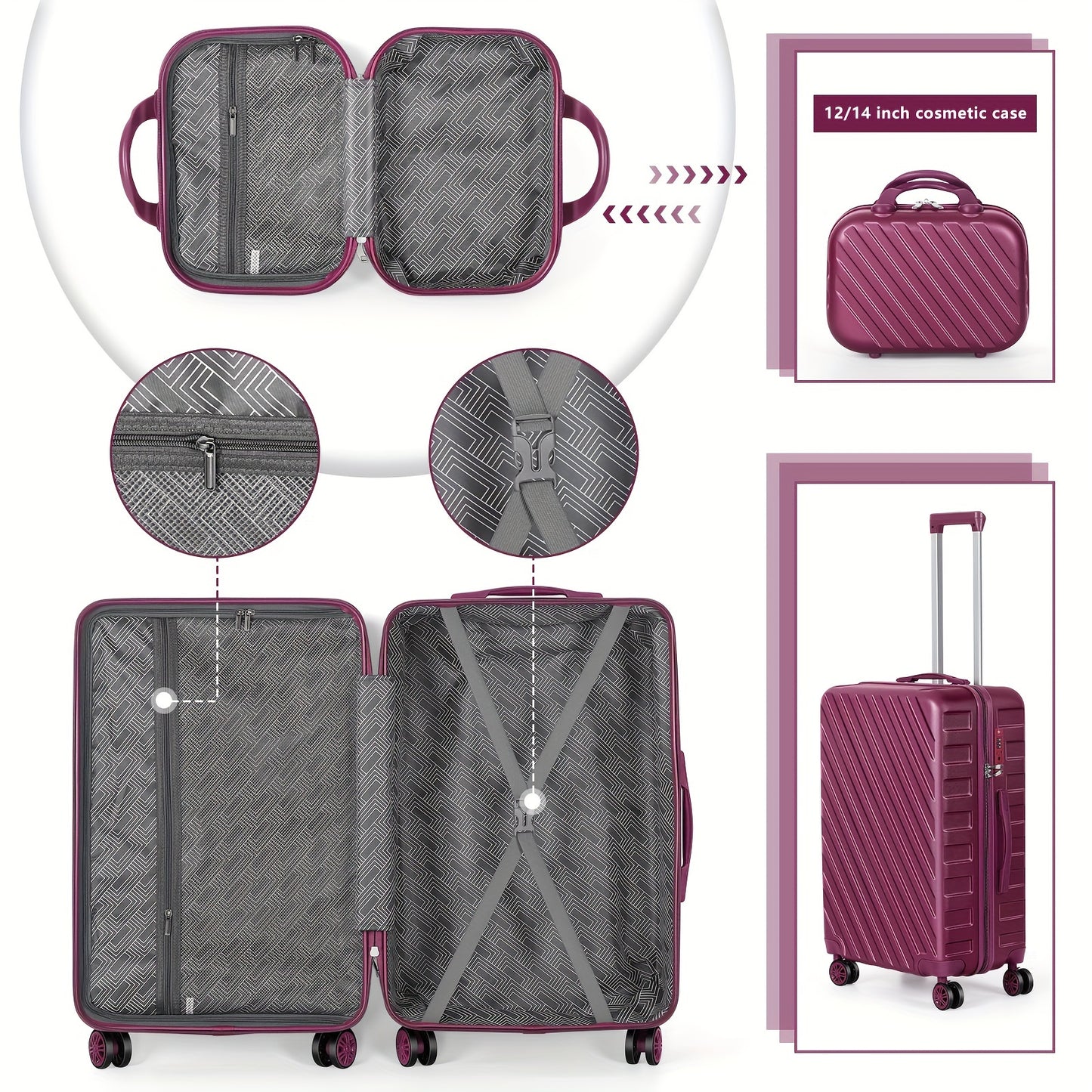 Purple 5-Piece Hardside Luggage Set With Spinner Wheels And TSA Locks, Lightweight Bag With Handle