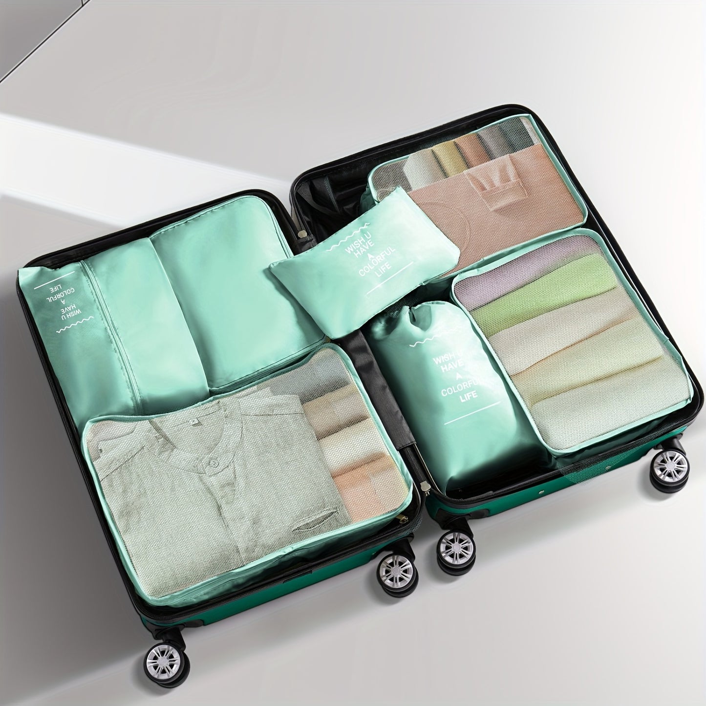 Ten Piece Luggage Set (3*Luggage+7 Storage Bag), Large Capacity Luggage With Telescoping Handle, Extra Thick ABS Durable Hardshell With Double 360° Spinner Wheels, Dopamine Color And Back-to-school Season Student Luggage