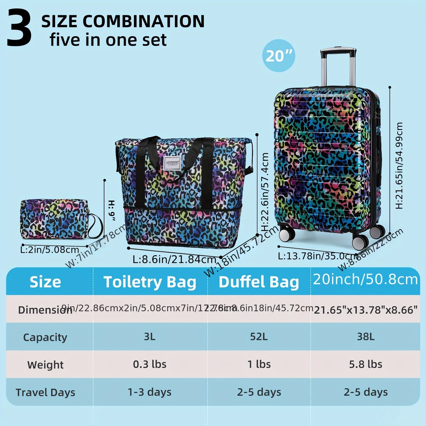 Luggage Sets 3 Piece, Hardside 20 IN Carry on Luggage Airline Approved PC+ABS Suitcase Set with Spinner Wheels TSA Lock, Lightweight Rolling Suitcase for Men and Women, Cheetah Print