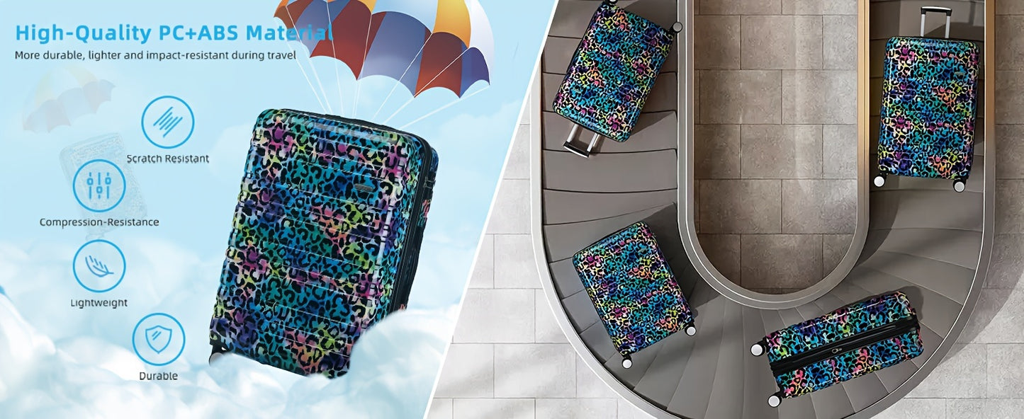 Luggage Sets 3 Piece, Hardside 20 IN Carry on Luggage Airline Approved PC+ABS Suitcase Set with Spinner Wheels TSA Lock, Lightweight Rolling Suitcase for Men and Women, Cheetah Print