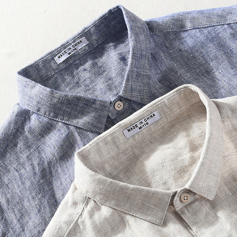 Linen Short Sleeve Casual Youth Square Collar Linen Shirt