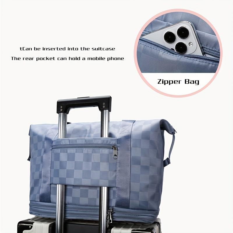 Versatile Expandable Travel Bag with Wheels - Large Capacity, Foldable Nylon Luggage in Checkered Design, Dry/Wet Separation, Fits Trolley Cases, with Adjustable Straps for Sports, Fitness & Moving - Available in Multiple Col