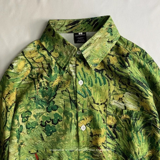 Grass Green Plant Oil Painting Floral Long Sleeve Shirt