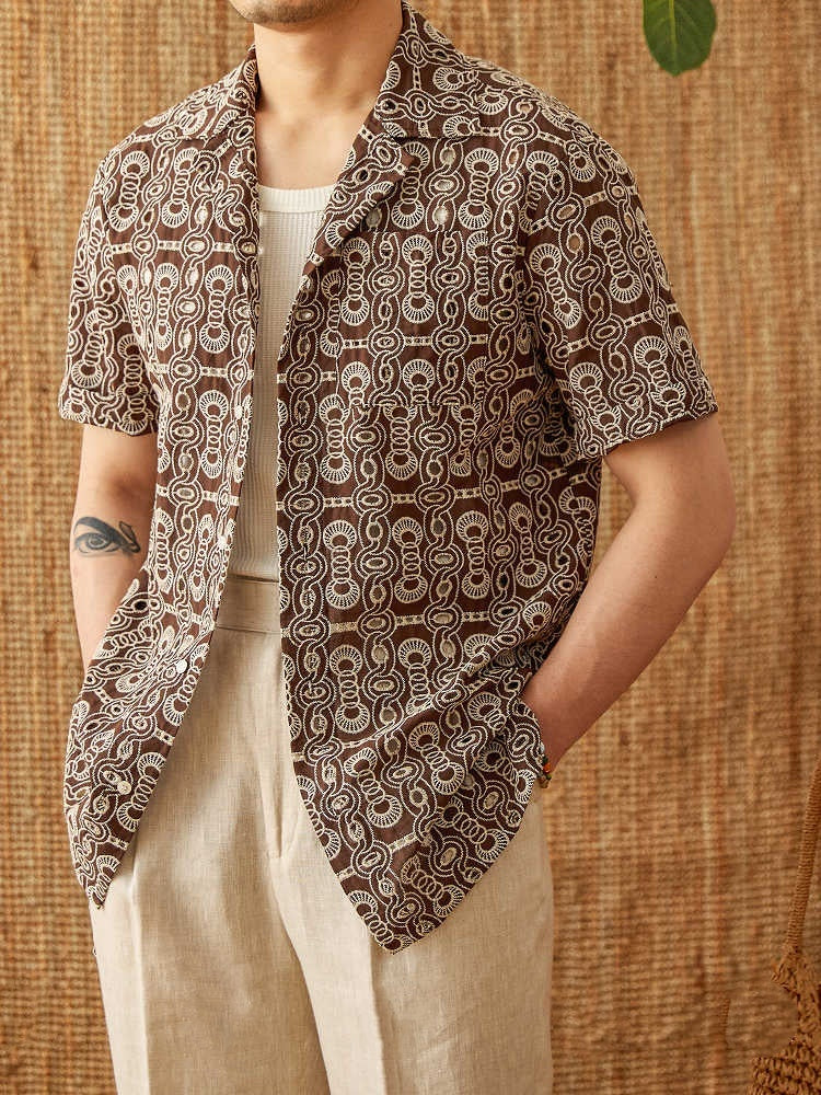 Vintage Embroidered Cotton Casual Cuban Collar Short Sleeve Printed Shirt