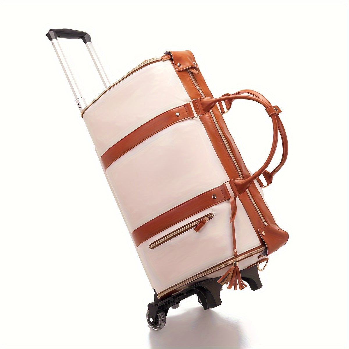 Chic Tassel Faux Leather Suitcase with Retractable Wheels & Shoulder Strap - Versatile Travel Luggage in Cream