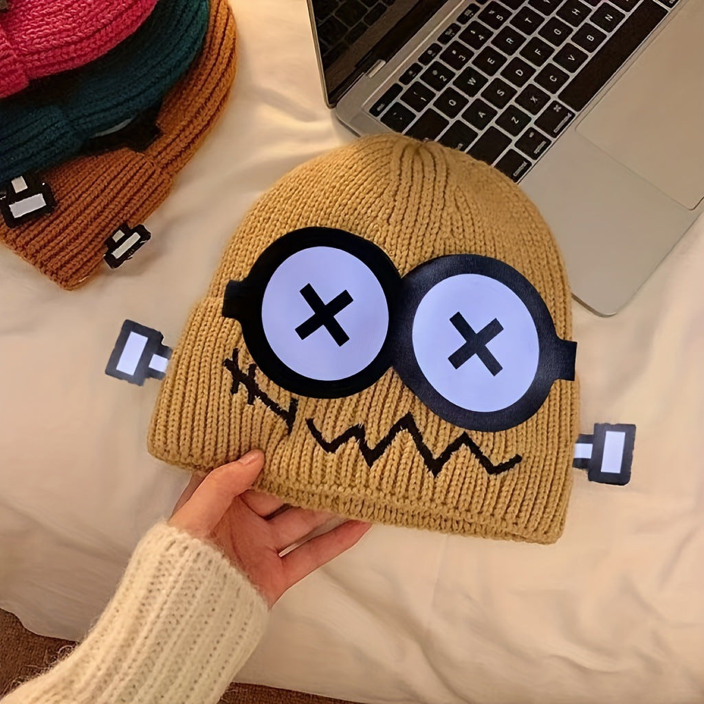 2pcs Cartoon Robot Knit Beanie Hats, Elastic Polyester Hair Caps with Ear Warmer, Hand Washable, Quirky & Playful Design for Daily Wear, Casual Headwear|Quirky Fashion|Elastic Knit Hats