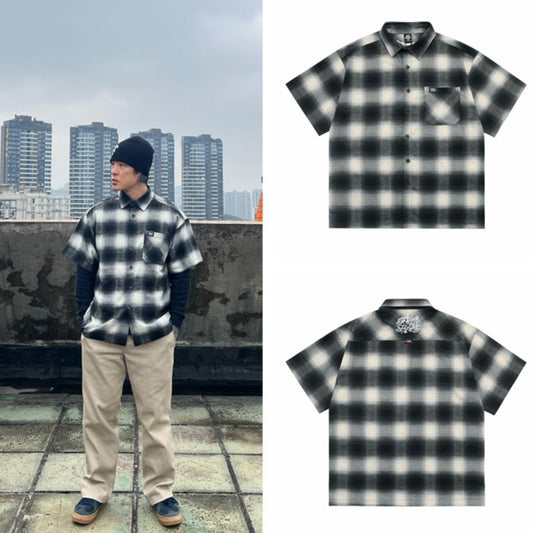 Large Plaid Classic Pocket Half Sleeve Cardigan Short Sleeve Shirt