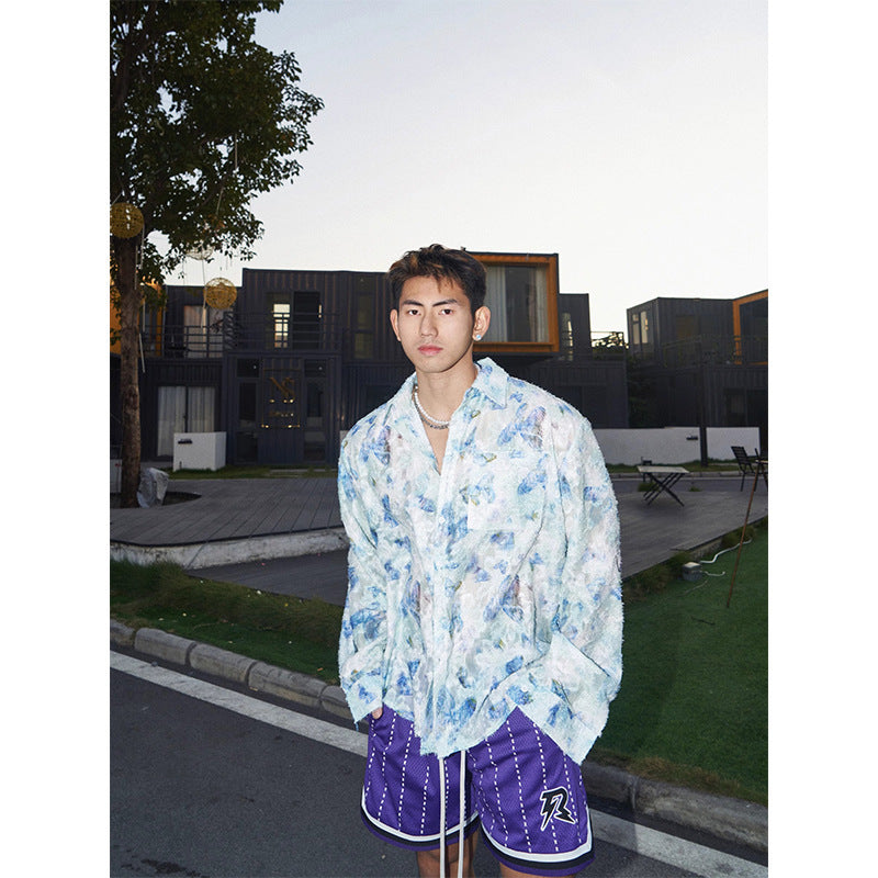 Spring And Summer American Three-dimensional Floral Shirt Niche Design Floral Long Sleeve Shirt