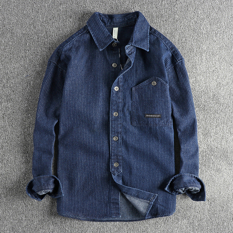 Japanese Style Stripe Denim Men's Long Sleeve Shirt