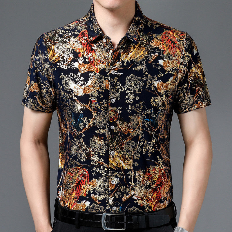 Summer Men's Middle-aged Printed Shirt Short Sleeve Stretch Ice Silk Leisure