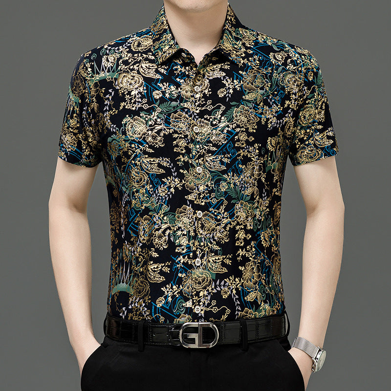 Summer Men's Middle-aged Printed Shirt Short Sleeve Stretch Ice Silk Leisure