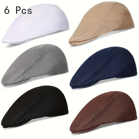 [6-Pack Breathable Mesh Caps] 6-Pack Men'S Breathable Mesh Flat Top Caps, Summer Newsboy Taxi Driver Hat, Polyester 100% with PVC Coating, Fantasy Charm Style, Hand Wash Only