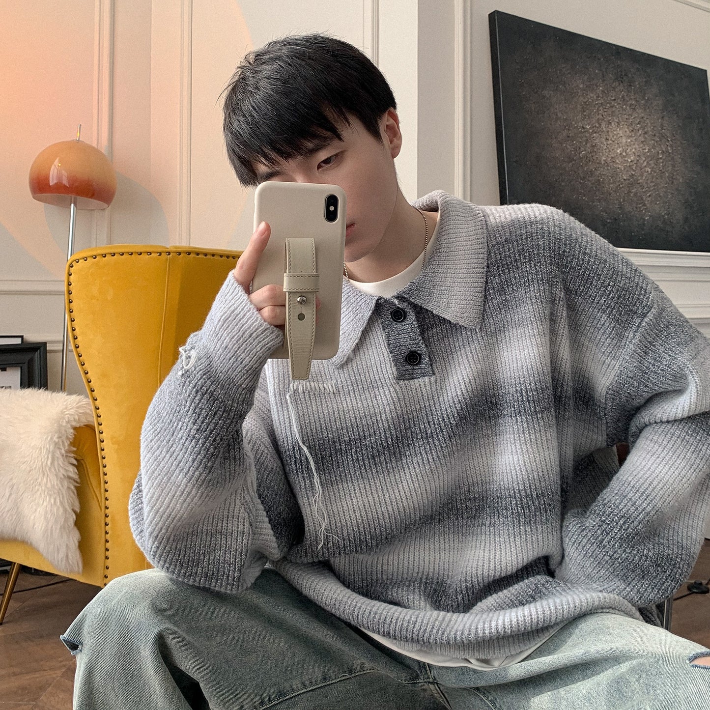 Salt Color Striped Turtleneck Sweater For Men