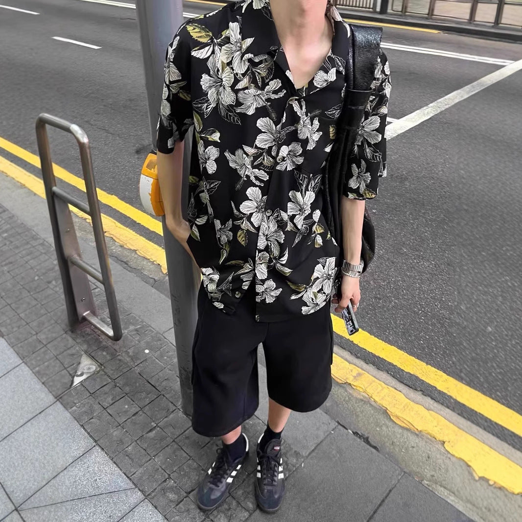 Vintage Cuban Collar Ice Silk Printed Shirt