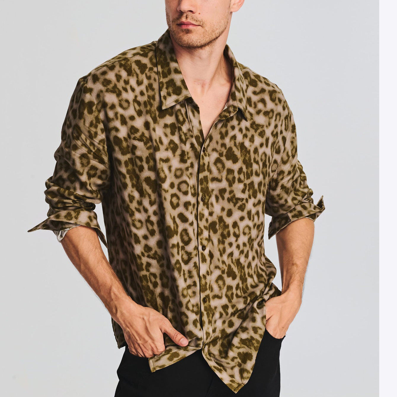 Men's Leopard Print Plus Size Printed Long Sleeve Loose Casual Shirt