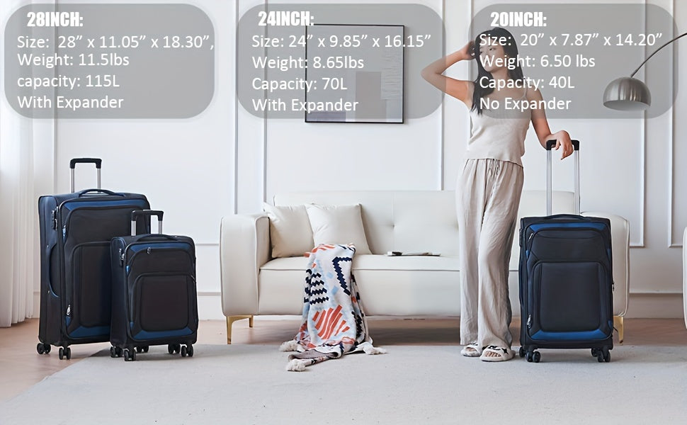 Softside Luggage Sets With Spinner Wheels 3pcs Set Lightweight Suitcase Set With TSA Lock, Expandable Luggage Sets With Inside Pocket