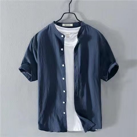 Japanese Linen Shirt Men Up-to-neck