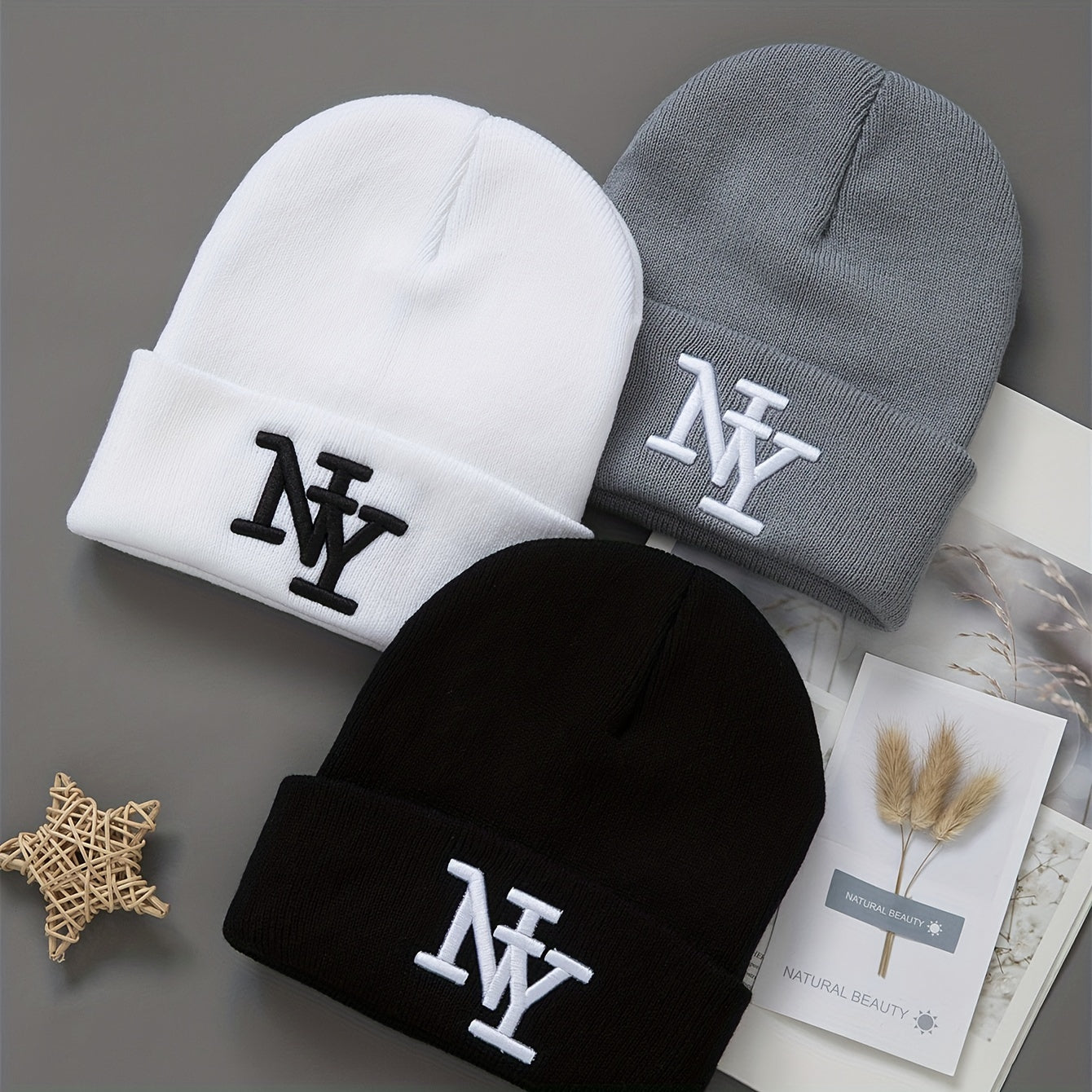 3-Pack Unisex Winter Beanie Hats, Solid Color Knitted Warm Outdoor Caps with Embroidered NY Logo, Hand Washable, Black