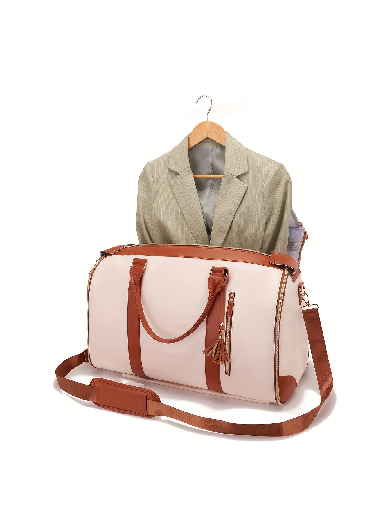 Chic Tassel Faux Leather Suitcase with Retractable Wheels & Shoulder Strap - Versatile Travel Luggage in Cream