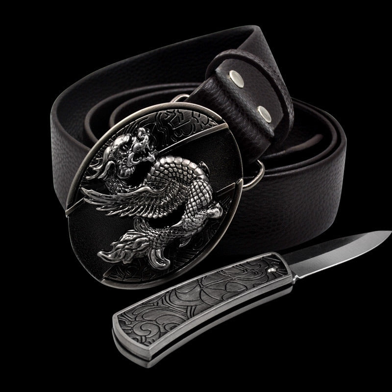 Men's Leather Smooth Buckle Belt Knife