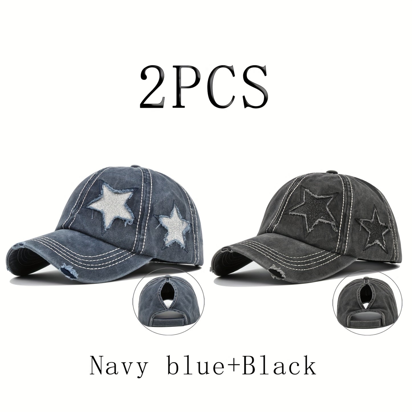 2pcs Women's Distressed Denim Baseball Caps with Ponytail Hole - Navy Blue & Black, Reflective Star Design, Breathable Polyester, Adjustable Fit for All-Season Style
