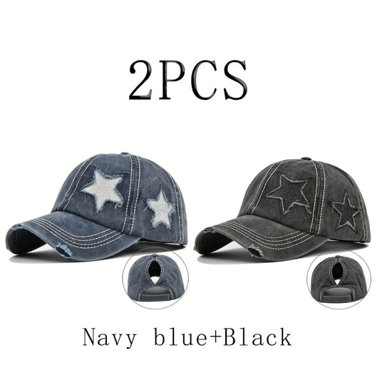 2pcs Women's Distressed Denim Baseball Caps with Ponytail Hole - Navy Blue & Black, Reflective Star Design, Breathable Polyester, Adjustable Fit for All-Season Style