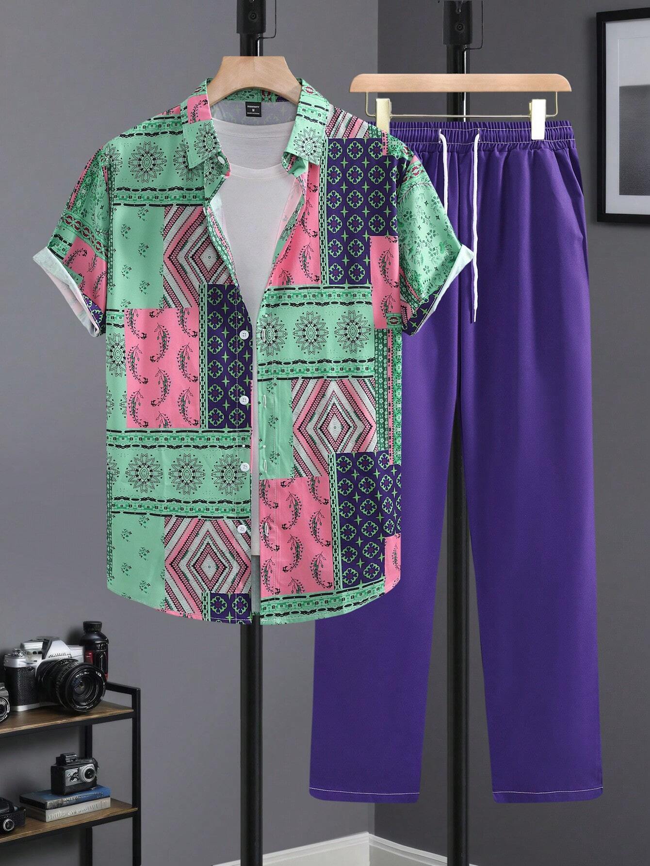 Casual Ethnic Style Short Sleeve Shirt Trousers Suit